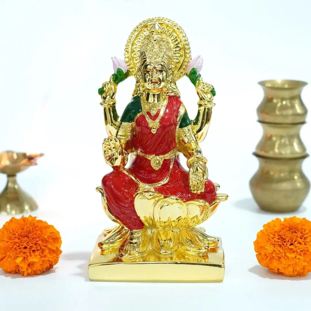 Laxmi Idol Gold-Plated with Red Enamel - Exquisite Hindu Deity | Gold Art India