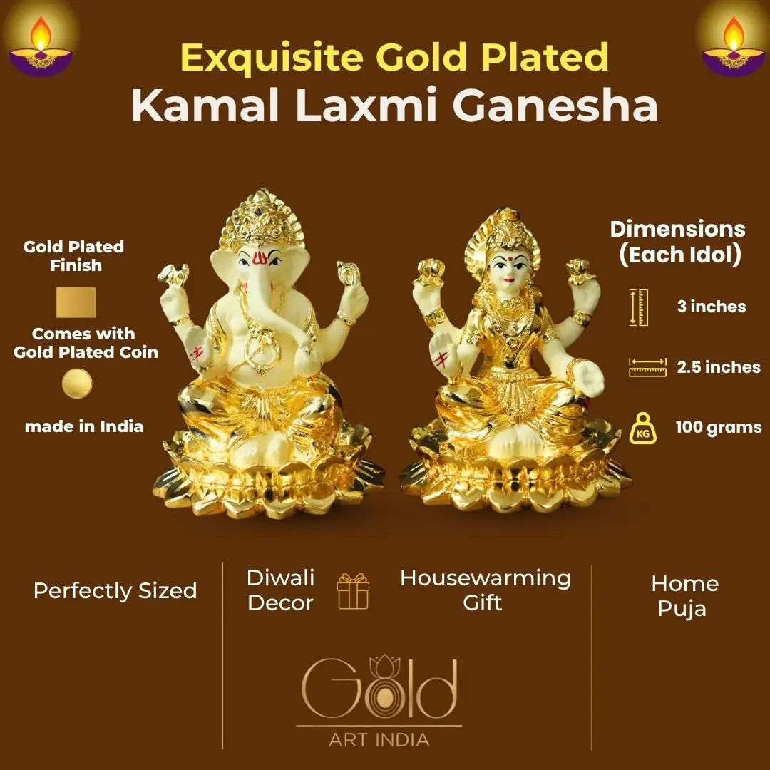 Kamal Laxmi Ganesh Gold-Plated Off White idol & Coin – 3 Inch | Gold Art India