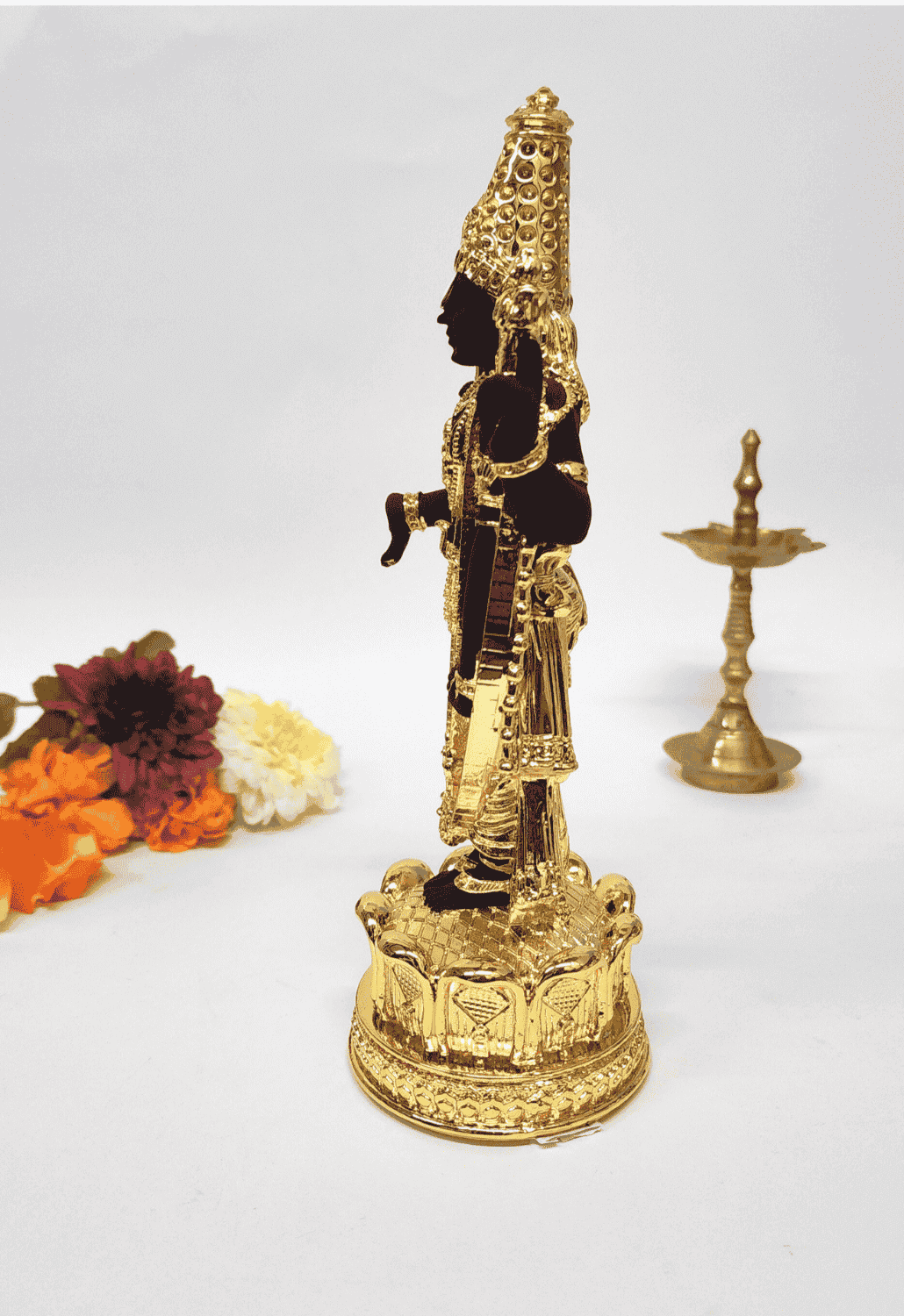 Gold plated black terracotta Lord Balaji idol for home decor, car dashboard, or gifting. 5.1 inches tall.