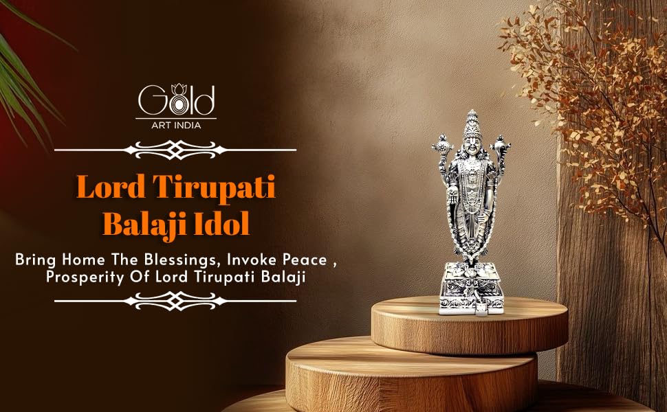 Gold Art India branding with 9 inch Lord Balaji silver idol on display podium