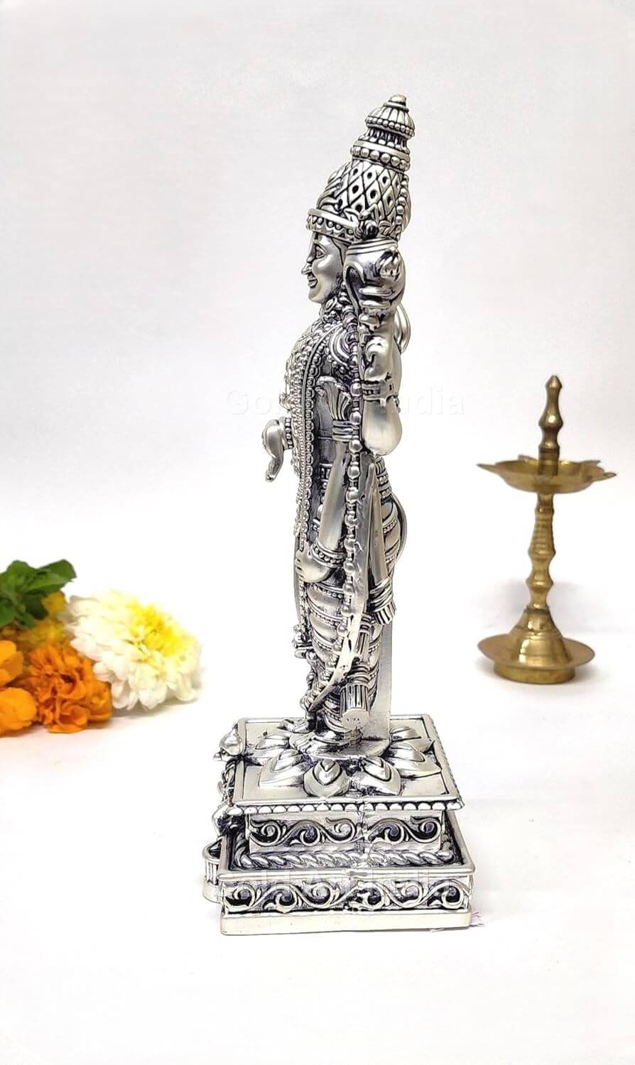 Side profile of 9 inch silver-plated Lord Tirupati Balaji statue with terracotta black finish