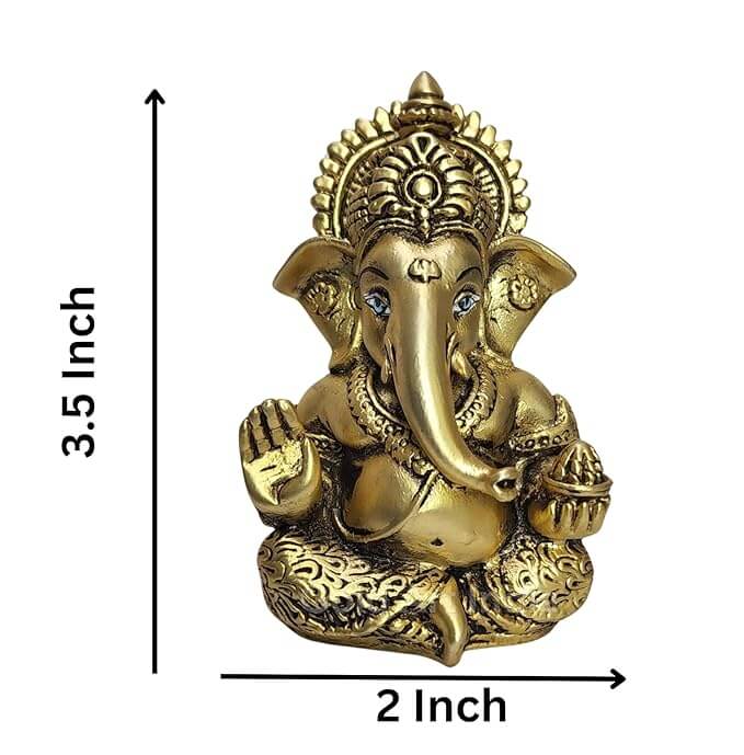 Close-up of Antique Matte Gold Plated Ganesha Idol with lifelike double-lens eyes – Handmade Ganpati by Gold Art India