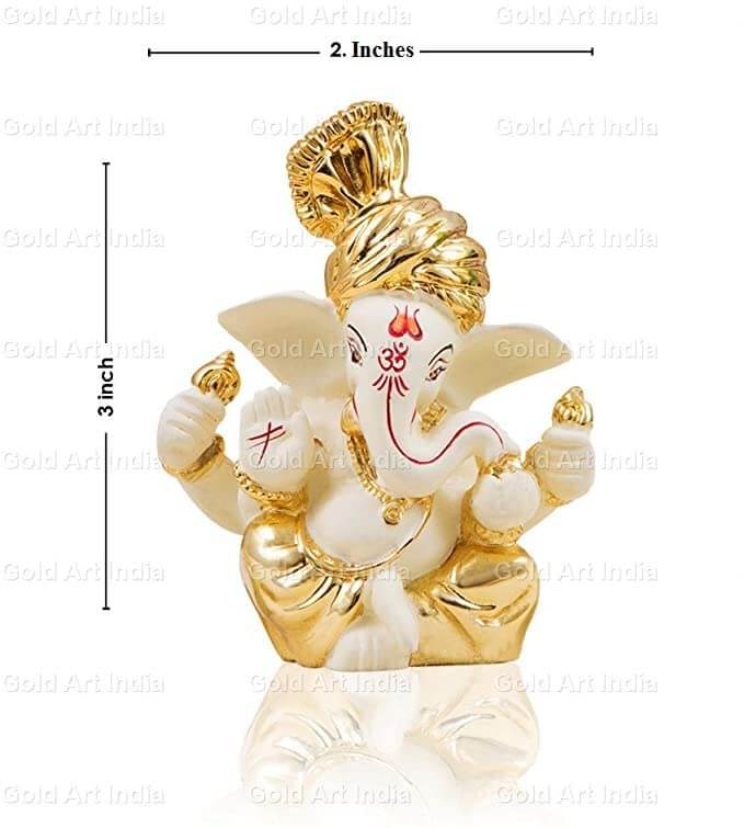 Gold plated off-white Ganesha idol 3 inches tall, ideal for car decor, Diwali gifts, and home decoration.