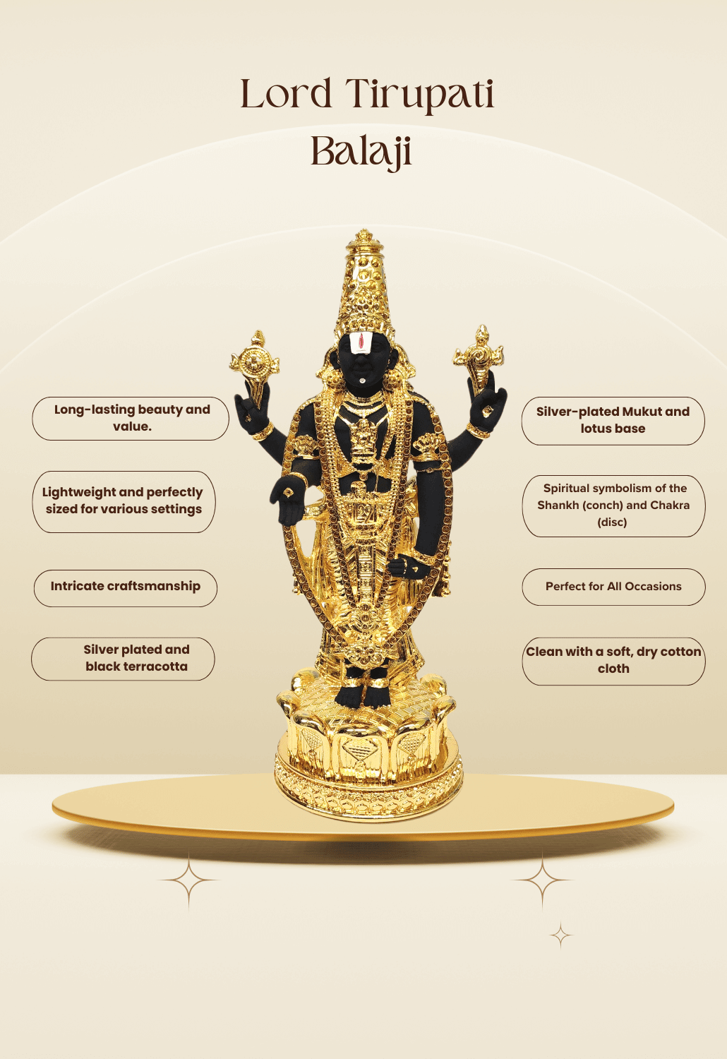 Gold plated Lord Tirupati Balaji idol with silver-plated adornments, perfect for home decor and spiritual gifting.