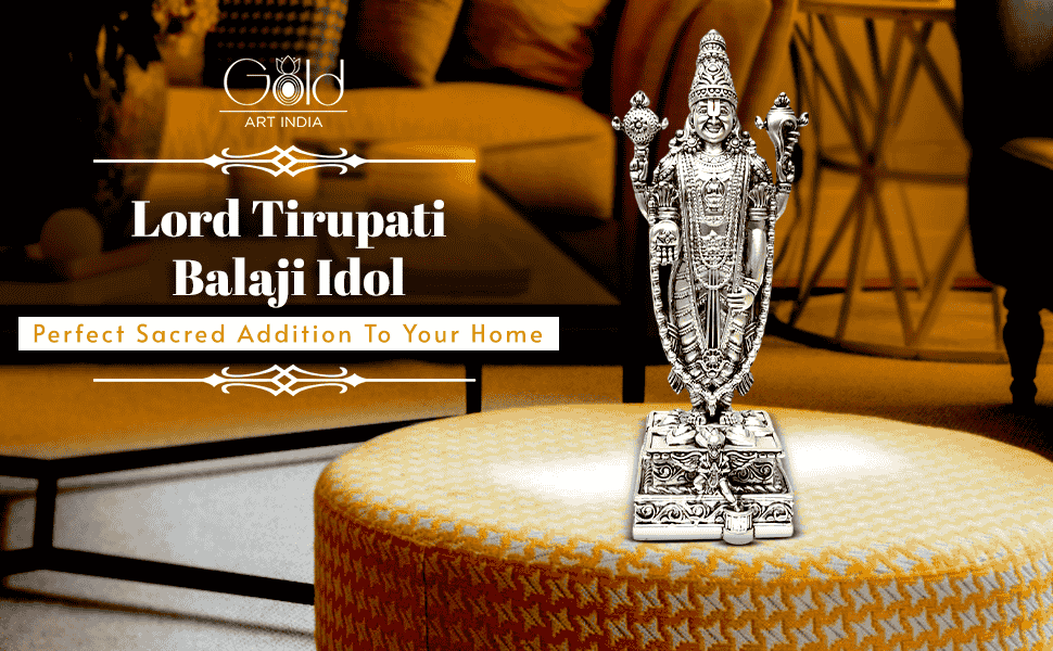 A 5.1-inch silver Plated idol of Lord Vishnu, intricately designed, standing on a decorated pedestal with divine ornaments and symbols. design