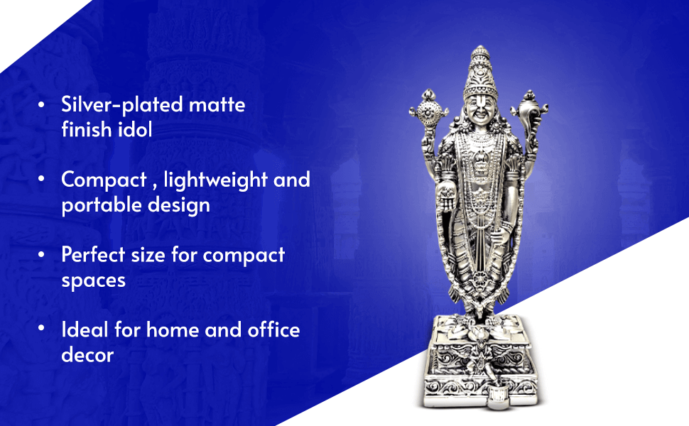 A 5.1-inch silver Plated idol of Lord Vishnu, intricately designed, standing on a decorated pedestal with divine ornaments and symbols. bullet points