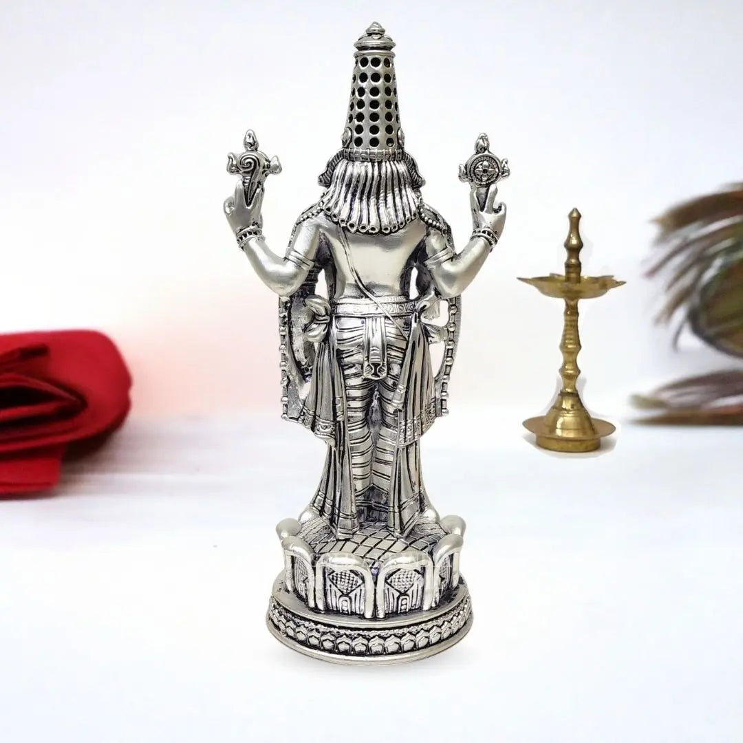 Silver Plated Antique Finish Lord Venkateshwara idol showcasing intricate details, perfect for home temples and spiritual decor.