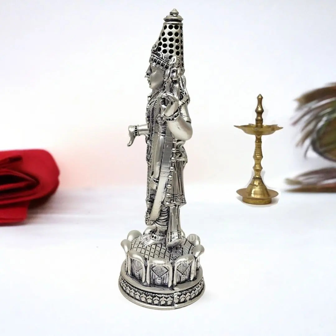 Silver Plated Antique Finish Lord Venkateshwara idol, intricately hand-carved, perfect for home temple and spiritual decoration.