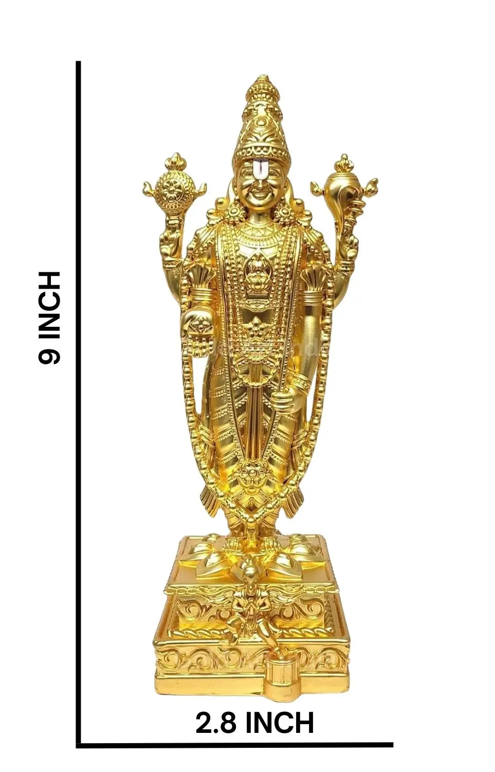 Gold-plated Lord Venkateshwara idol for home temples and worship, intricately crafted for spiritual decor. size Hx9 Wx2.8