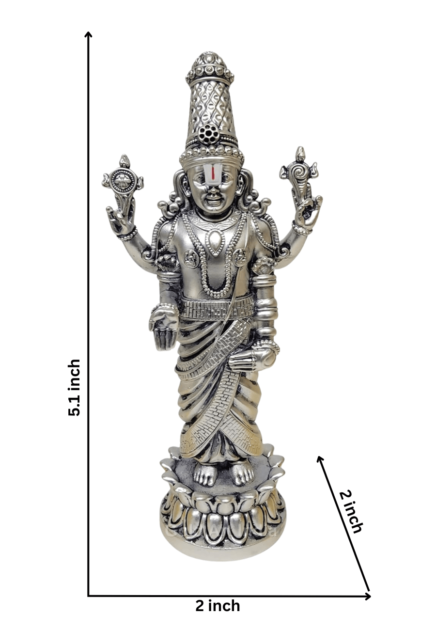 lord balaji idol silver plated antique matte finish . intricate crafted ornaments and standing on Lotus Flower dimention 5.1x2x2 inches