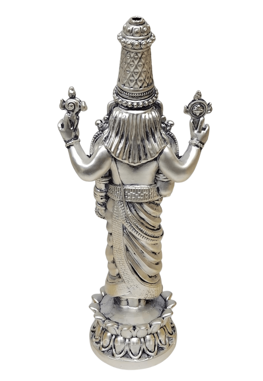 lord balaji idol silver plated antique matte finish . intricate crafted ornaments and standing on Lotus Flower back view