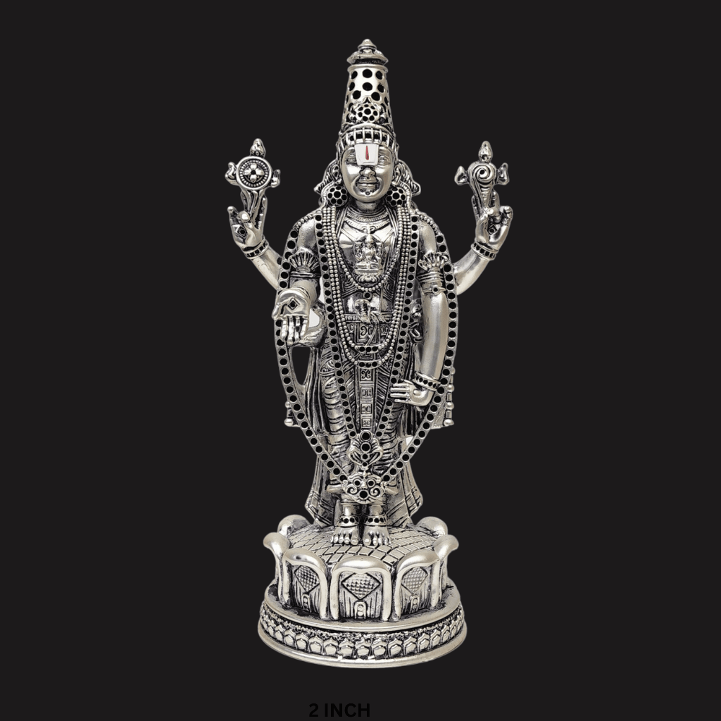 Lord Venkateshwara idol in antique silver finish, intricately hand-carved, perfect for home temples and gifting.