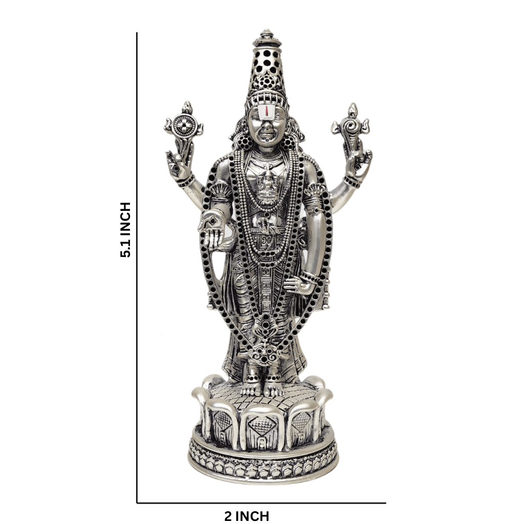 Antique silver Lord Venkateshwara idol, 5.1 inches tall, intricately designed for home temple and spiritual decor.