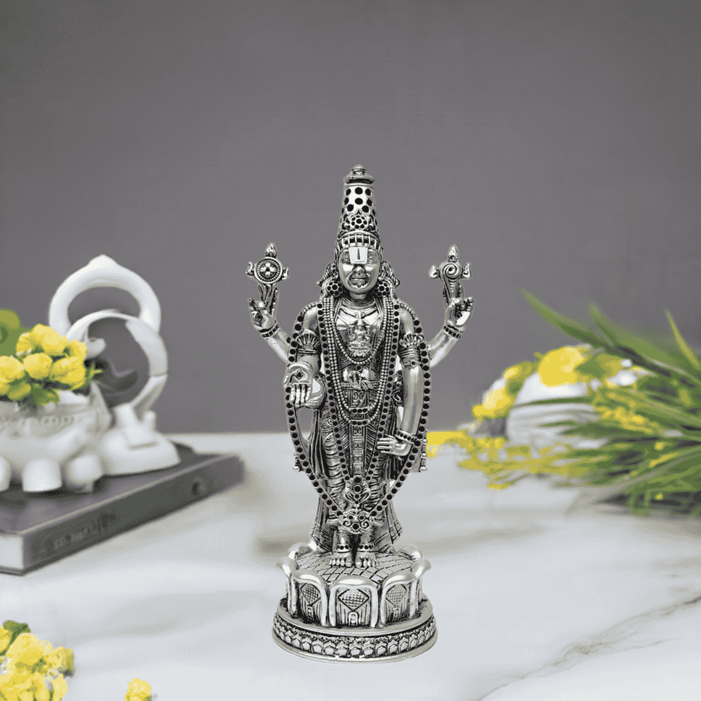 Antique silver Lord Venkateshwara idol for home temples, showcasing intricate hand-carved details and divine energy.