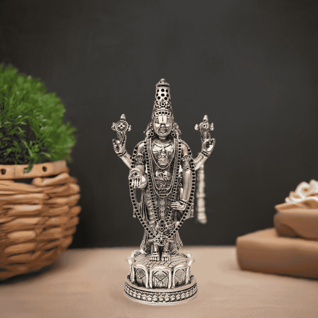 Antique silver Lord Venkateshwara idol, intricately crafted for home temples and spiritual spaces.