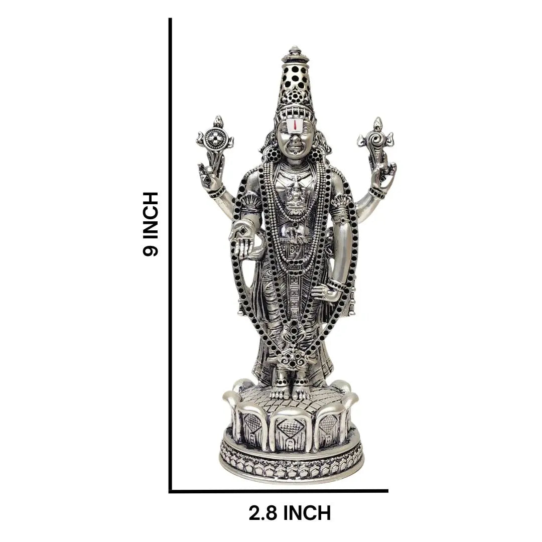 Antique silver Lord Venkateshwara idol for home temples, showcasing intricate hand-carved details and divine energy. 9 inch