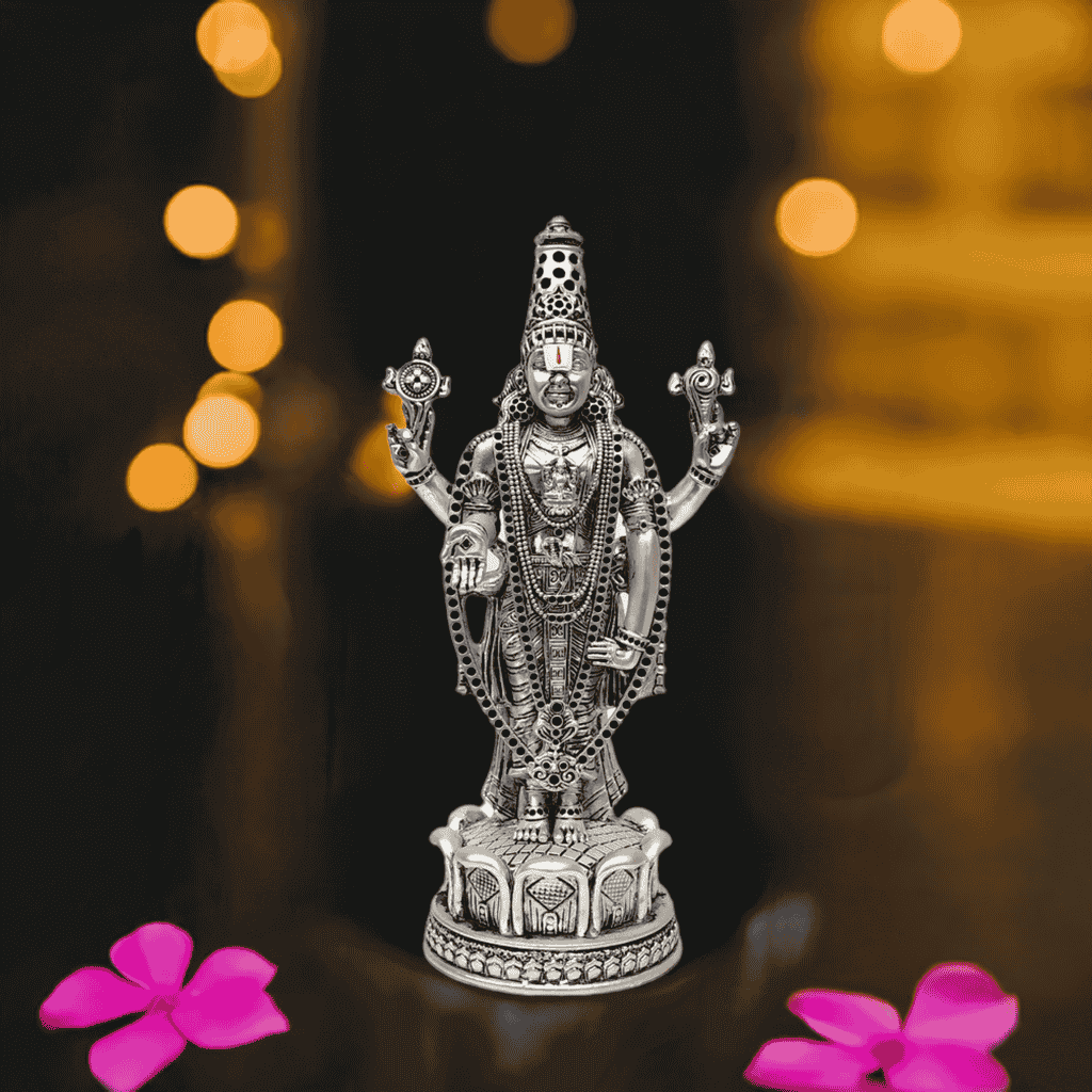 Lord Venkateshwara idol in antique silver finish, perfect for home temples and spiritual rituals.