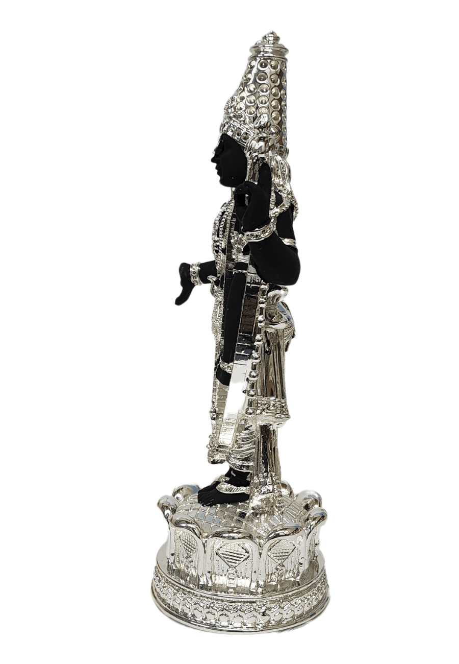 Black Terraotta and silver Plaed Lord Balaji idol, elegantly adorned with intricate silver detailing, standing on an Silver plated beautiful lotus. side view