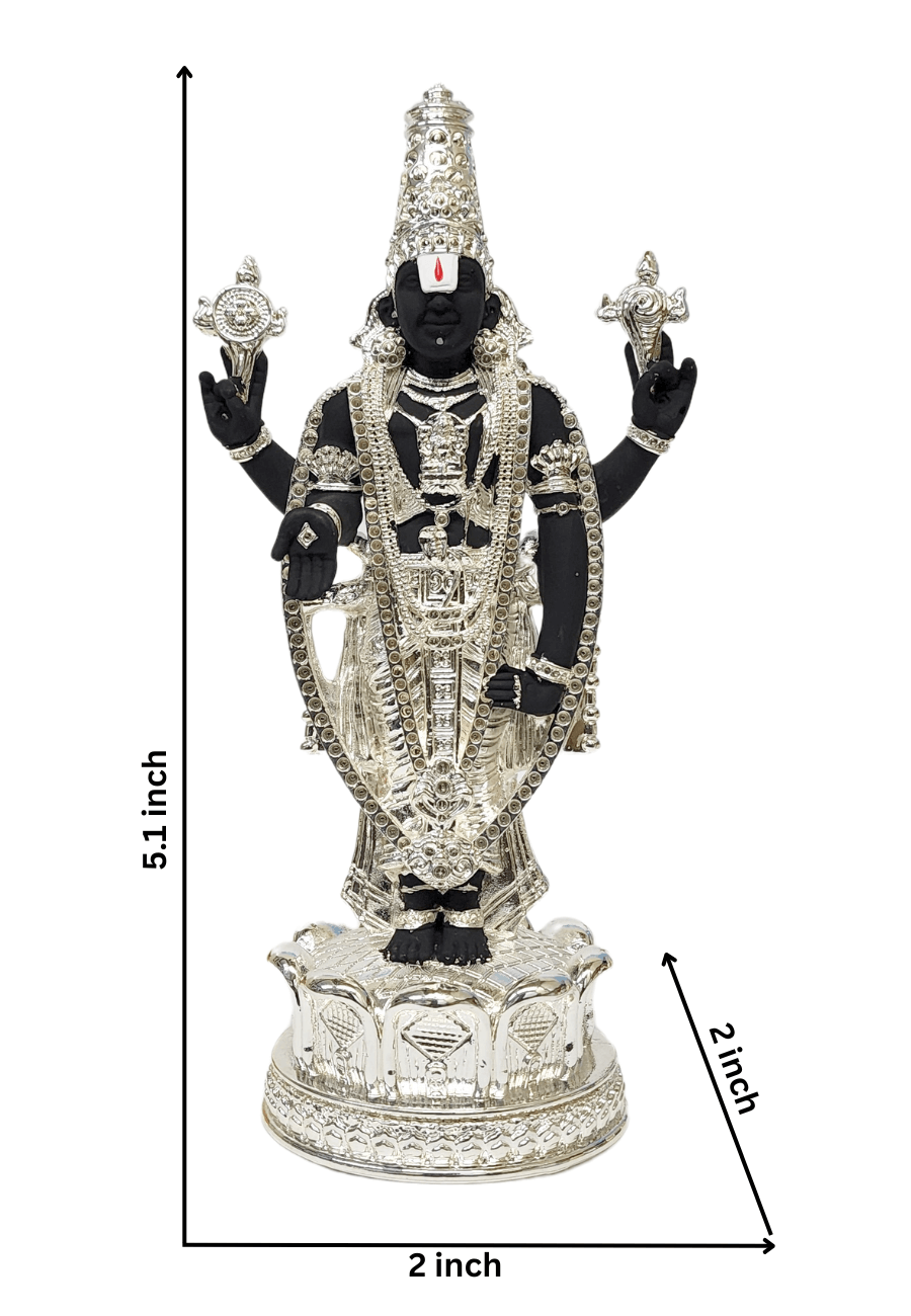 Black Terraotta and silver Plaed Lord Balaji idol, elegantly adorned with intricate silver detailing, standing on an Silver plated beautiful lotus. dimension 5.1 x 2 x 2 inches
