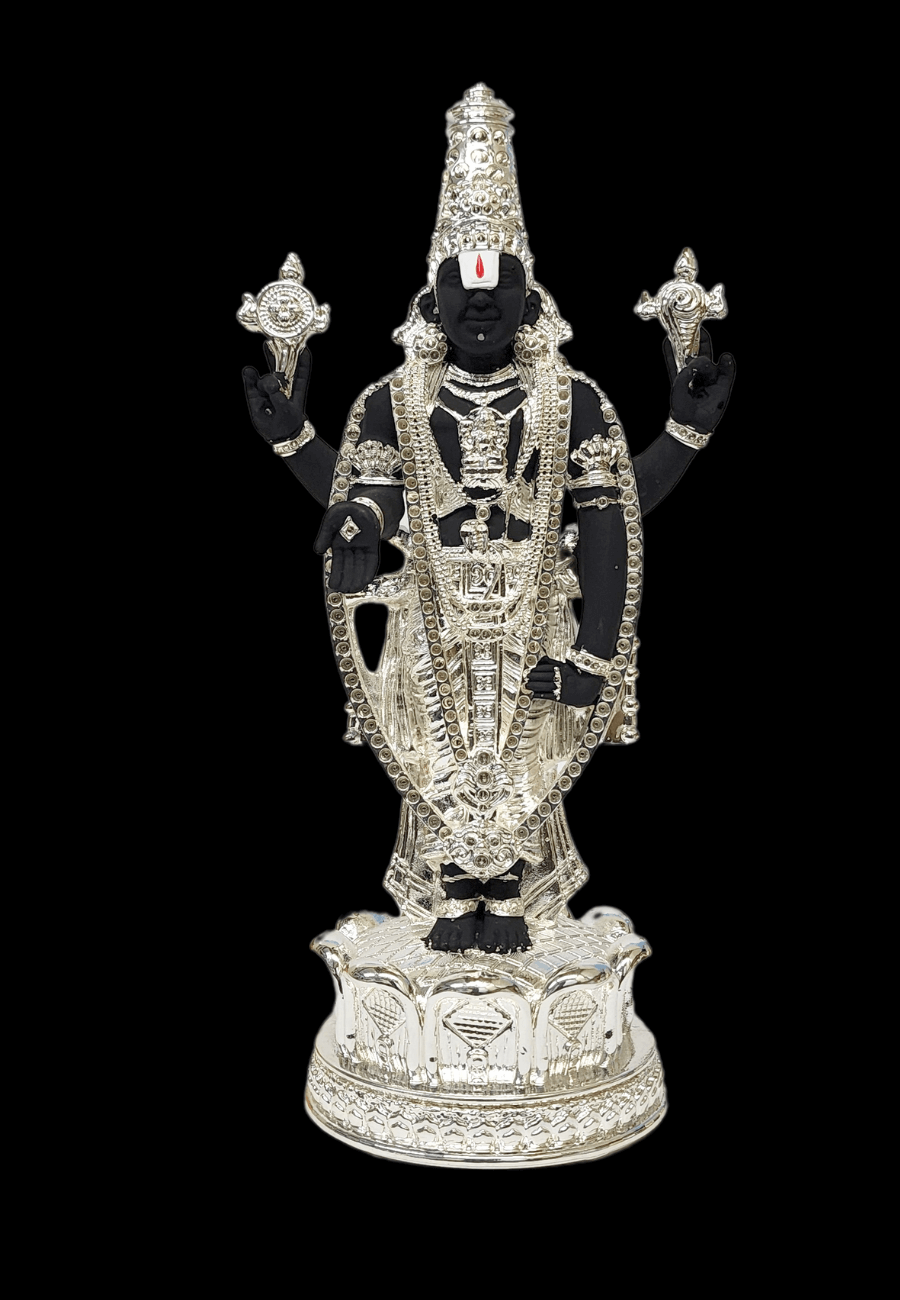 Black Terraotta and silver Plaed Lord Balaji idol, elegantly adorned with intricate silver detailing, standing on an Silver plated beautiful lotus. black background