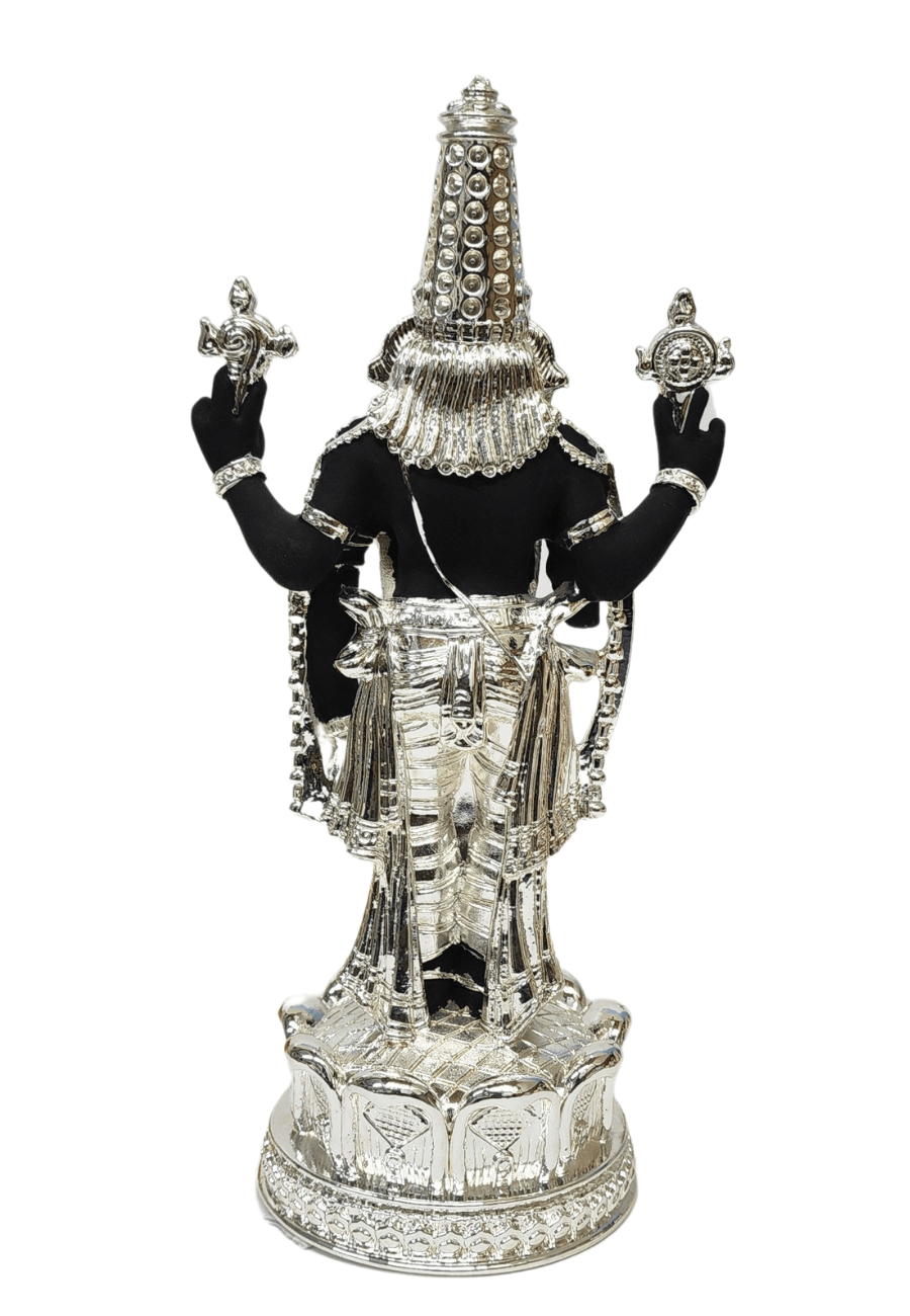 Black Terraotta and silver Plaed Lord Balaji idol, elegantly adorned with intricate silver detailing, standing on an Silver plated beautiful lotus. back side