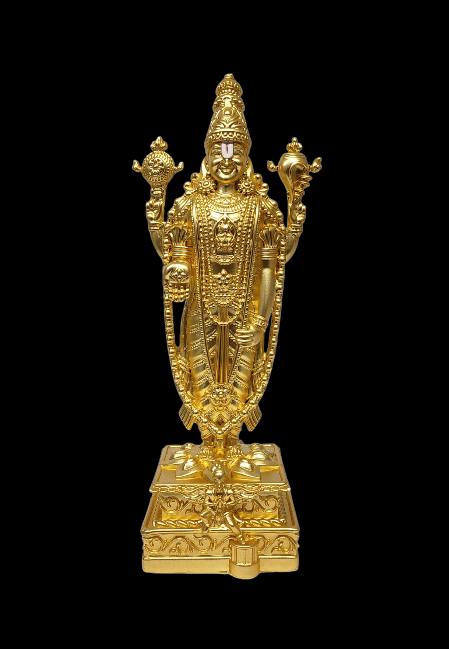 Gold-plated Lord Venkateshwara idol for home temple, worship, and spiritual decor, showcasing intricate craftsmanship.