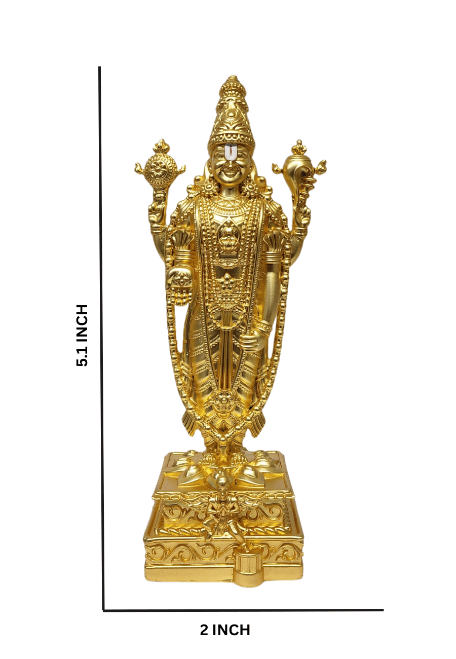Gold-plated Lord Venkateshwara idol, 5.1-inch tall for home temples and worship.