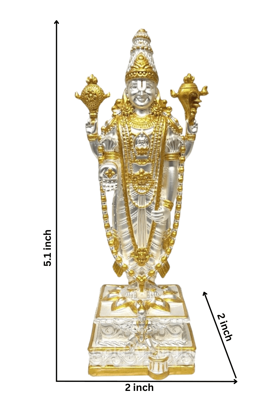 Lord Venkateshwara idol in two-tone matte silver & gold finish, perfect for home temples and spiritual decor, 5.1 inches tall.