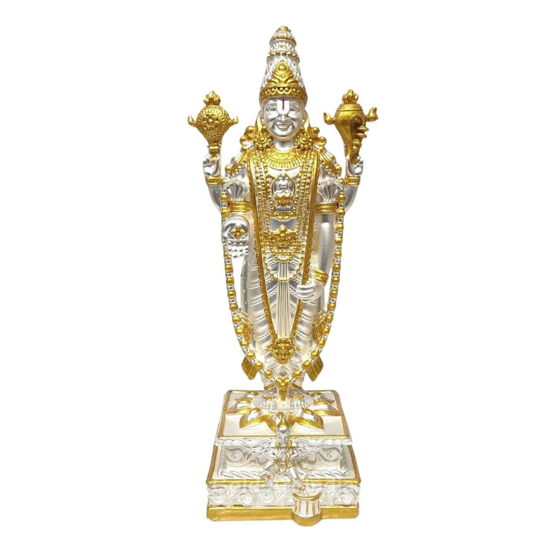 Lord Venkateshwara idol in two-tone matte silver and gold finish, showcasing intricate detailing for home temple decor.