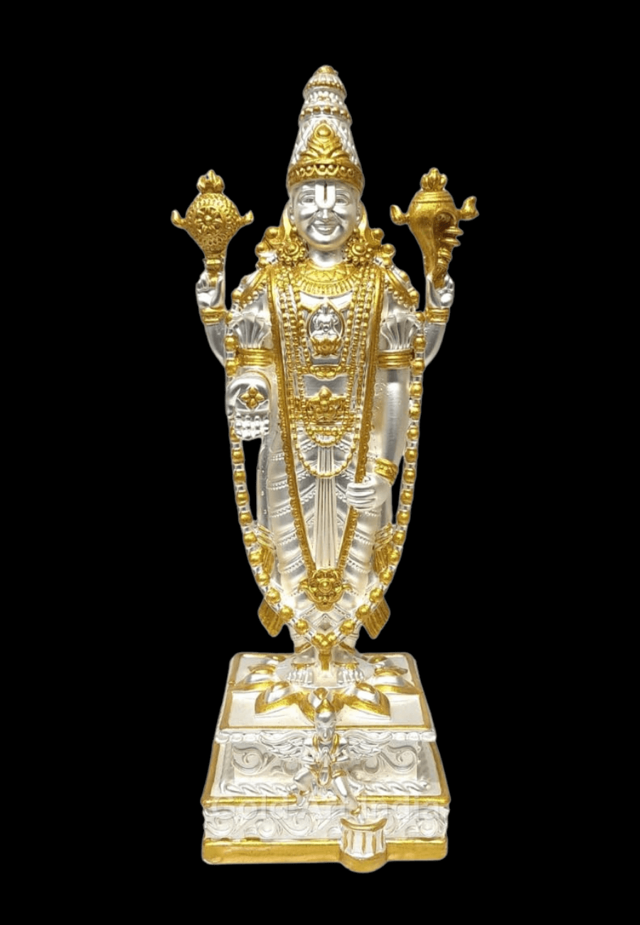 Lord Venkateshwara idol in two-tone matte silver and gold finish, perfect for home temples and spiritual decor.