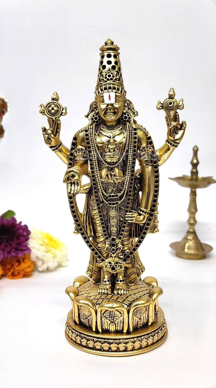 lord balaji idol Gold plated antique matte finish . intricate crafted ornaments and standing on Lotus Flower