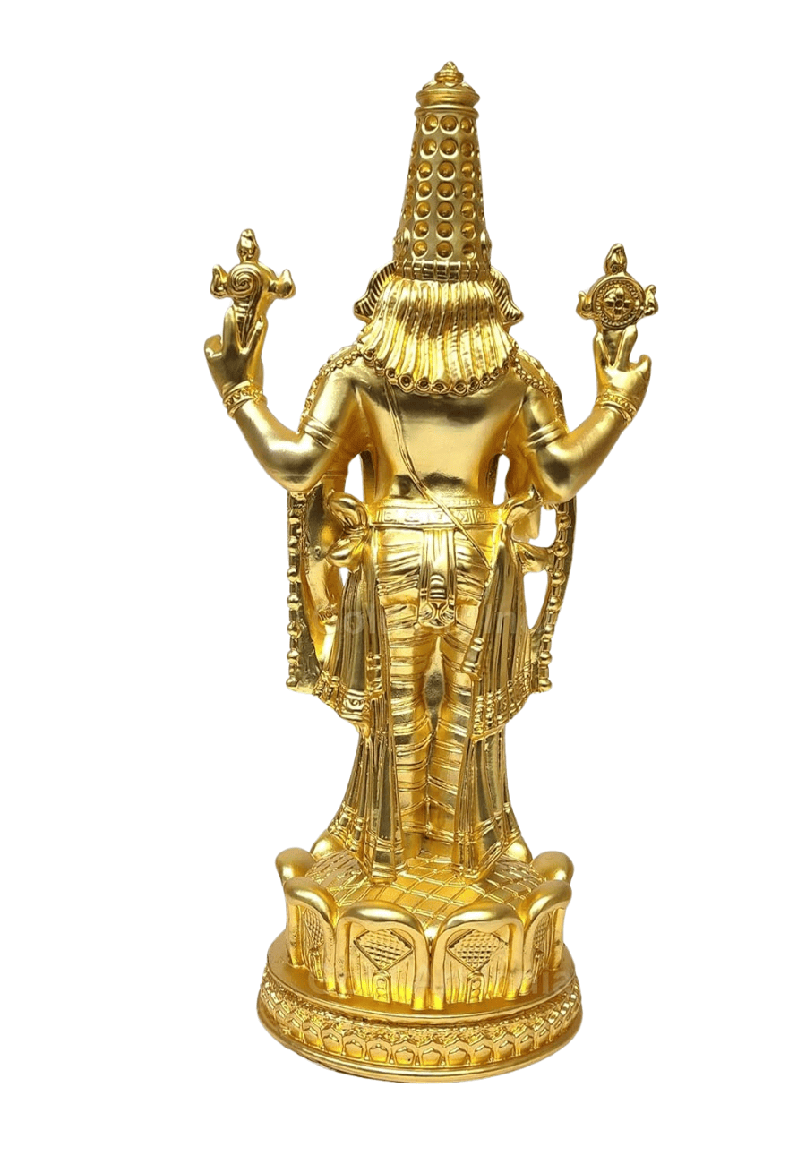 lord balaji idol Gold plated antique matte finish . intricate crafted ornaments and standing on Lotus Flower Back side