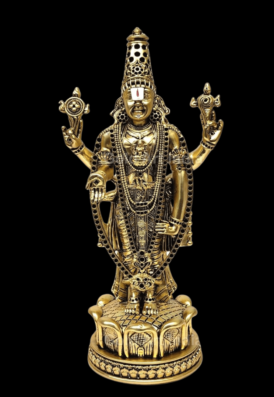 lord balaji idol Gold plated antique matte finish . intricate crafted ornaments and standing on Lotus Flower