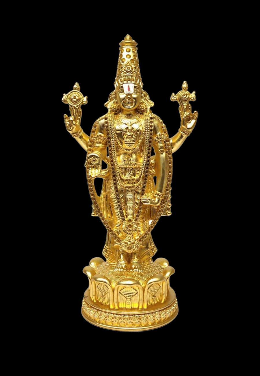 Lord Tirupati Balaji Gold Plated Matte Idol with intricate golden jewelry Standing on lotus flower work
