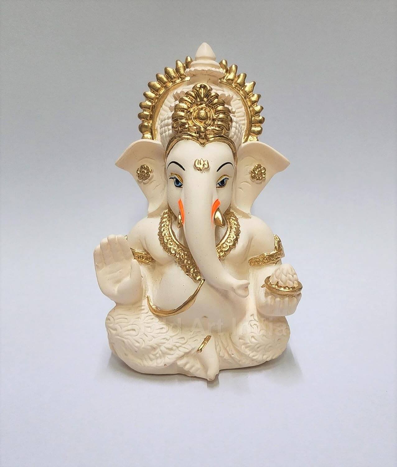 Peach ivory Ganesha idol 3.5 inch for car dashboard – front view (Gold Art India).