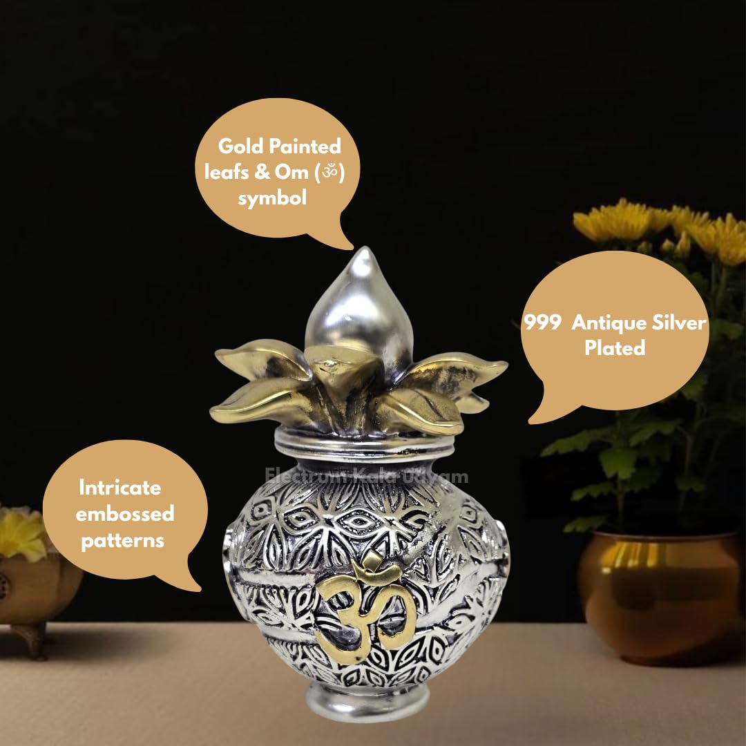 Side view of antique matte silver plated kalash with gold-painted leaves and Om emblem