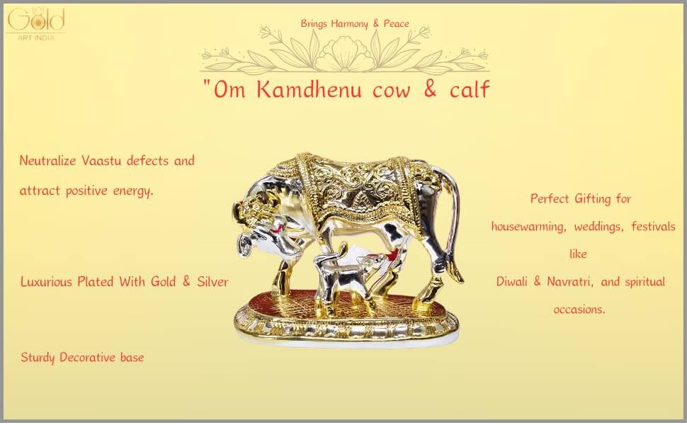 Om Kamdhenu cow and calf statue in gold and silver plating, symbolizing prosperity and Vastu harmony.
