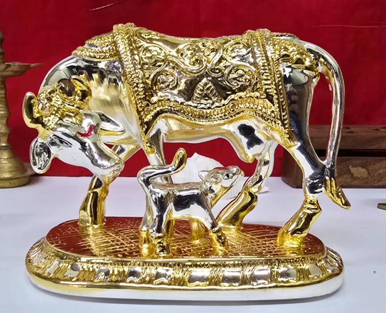 Gold & silver plated Kamdhenu Cow with calf idol – front view