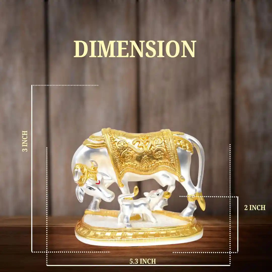 Kamdhenu cow and calf idol – 3 inch, size reference – Gold Art India