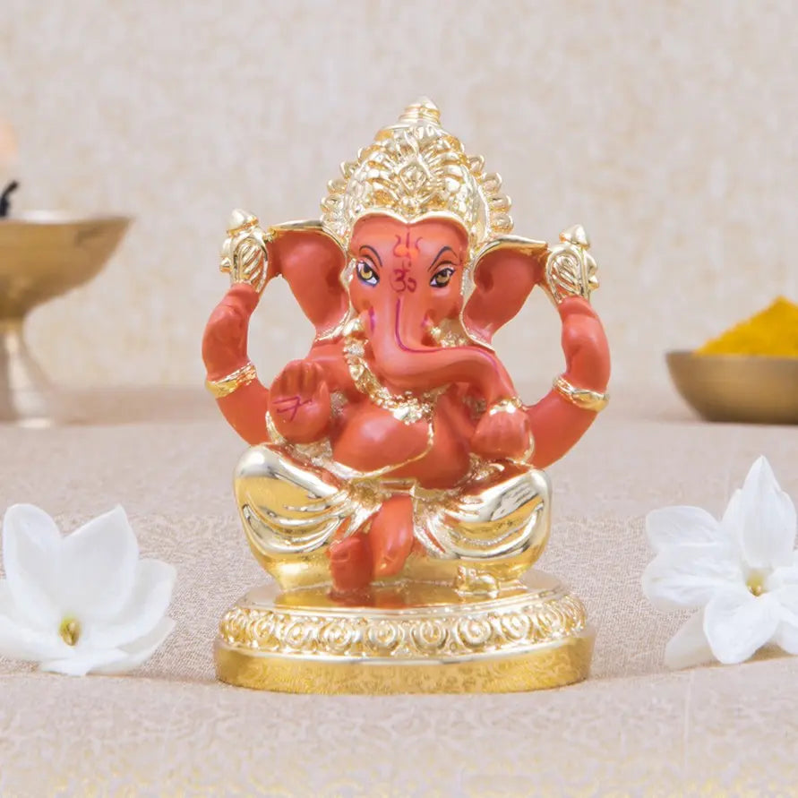 Round Base Gold Art India orange ganesha front picture