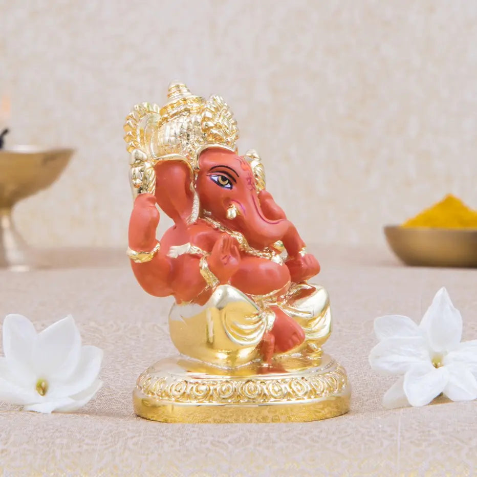 Round Base Gold Art India orange ganesha side picture