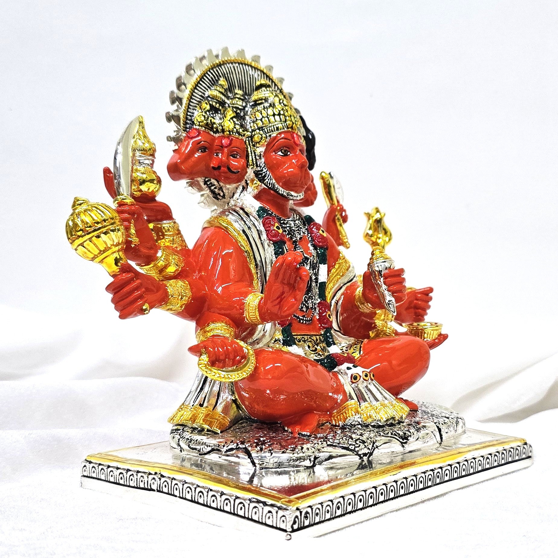 Panchmukhi Hanuman idol with intricate detailing, gold and silver plating, five faces and ten arms – angled side perspective