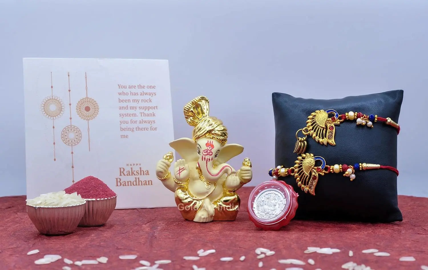 Rakhi combo with gold Pagdi Ganesha idol, rakhi, lumba, card and roli chawal – Gold Art India