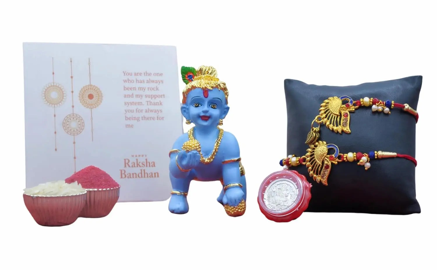 Laddu Gopal Krishna Rakhi combo with Rakhi, coin, and card