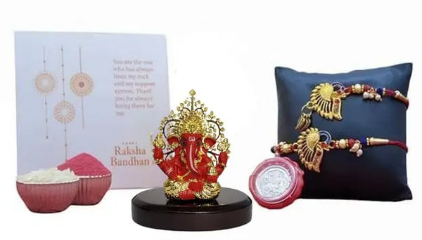 Gold Red Retro Ganesha Idol with Rakhi Combo – Gold Art India