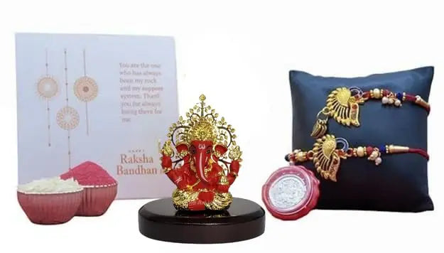red tree gold plated ganesha rakhi combo set
