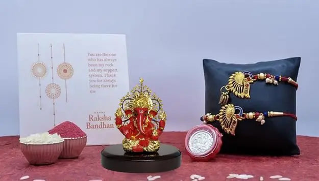 red tree gold plated ganesha rakhi combo set