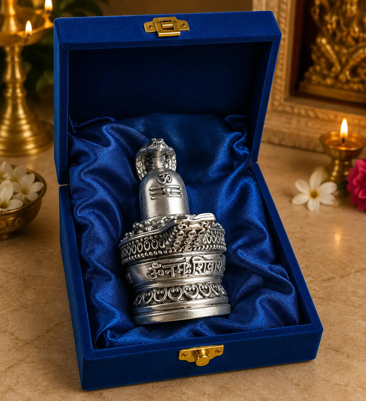Gold Art India 999 Silver Plated Antique Shivling with Naag – 3 Inch Lord Shiva Shivling Idol