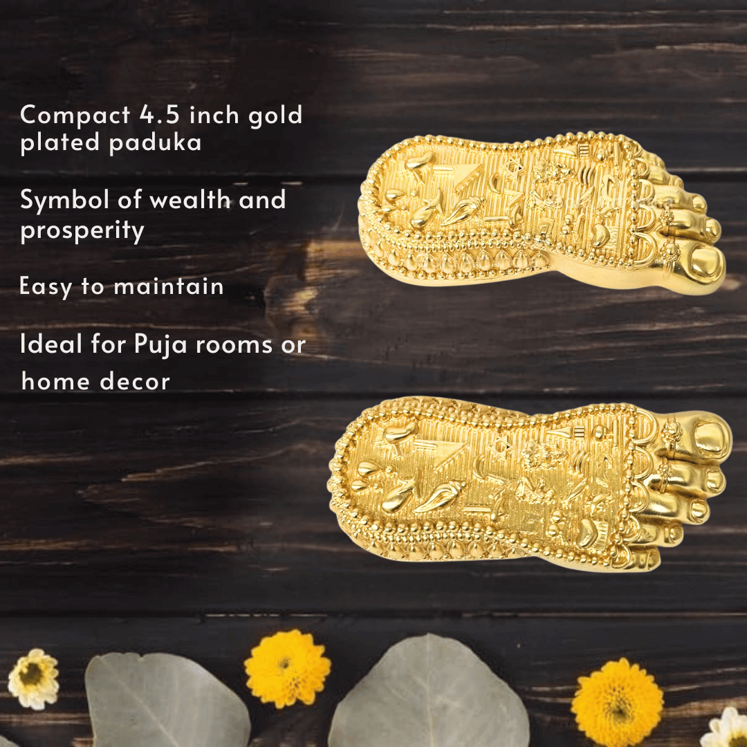 Shri Laxmi Charan Paduka 4.5 inch gold plated pedestals, symbolizing wealth and ideal for home or puja decor.