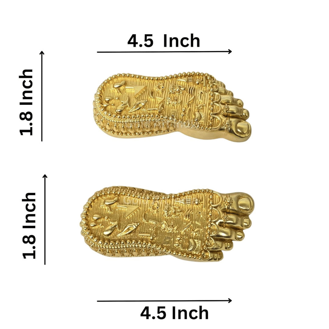 Shri Laxmi Charan Paduka Gold Plated Matte, sacred feet symbols, 4.5" x 1.8" for puja and home decor.